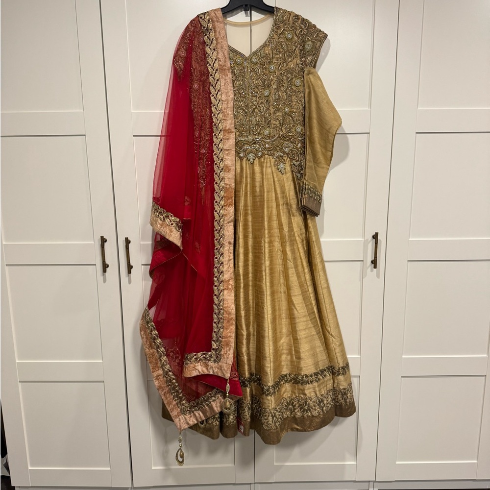 Elegant Gold and Red Embroidered Anarkali Dress